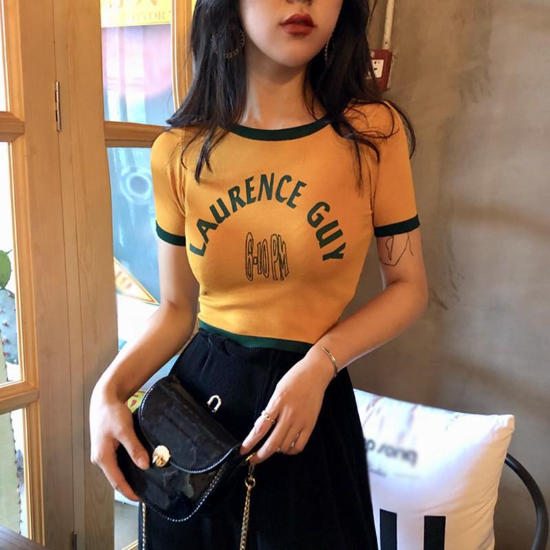 Áo thun nữ ngắn tay dáng ôm in chữ phong cách Hàn Quốc