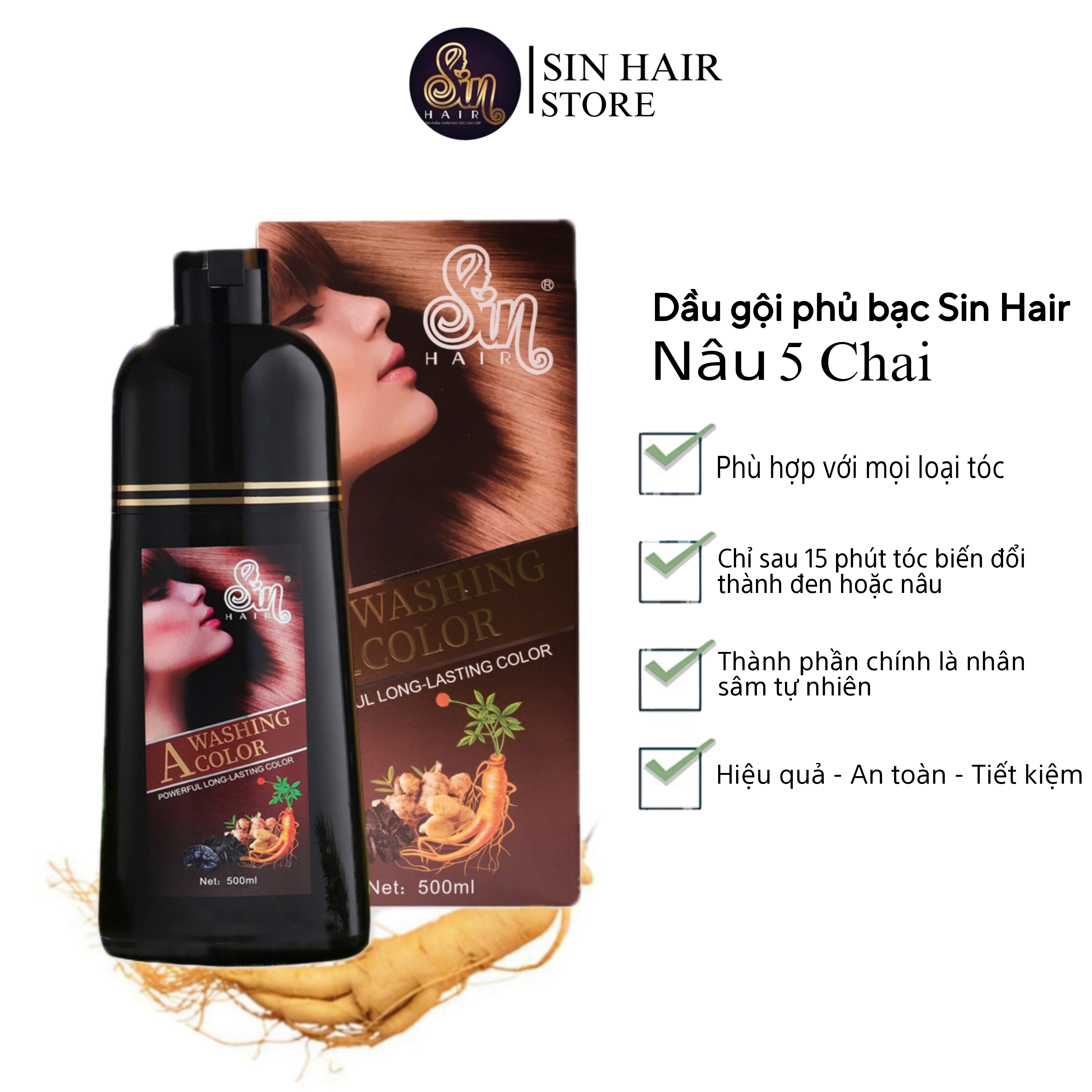 Combo 5 chai dầu gội phủ bạc sin hair màu nâu 500ml