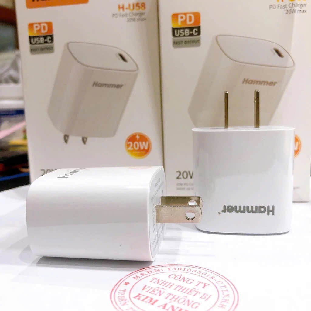 Củ sạcHammer H-U58 sạc nhanh PD 20W, đạt chứng nhận tiêu chuẩn CE, Check Qr kiểm tra hàng chính hãng bảo hành 12 tháng