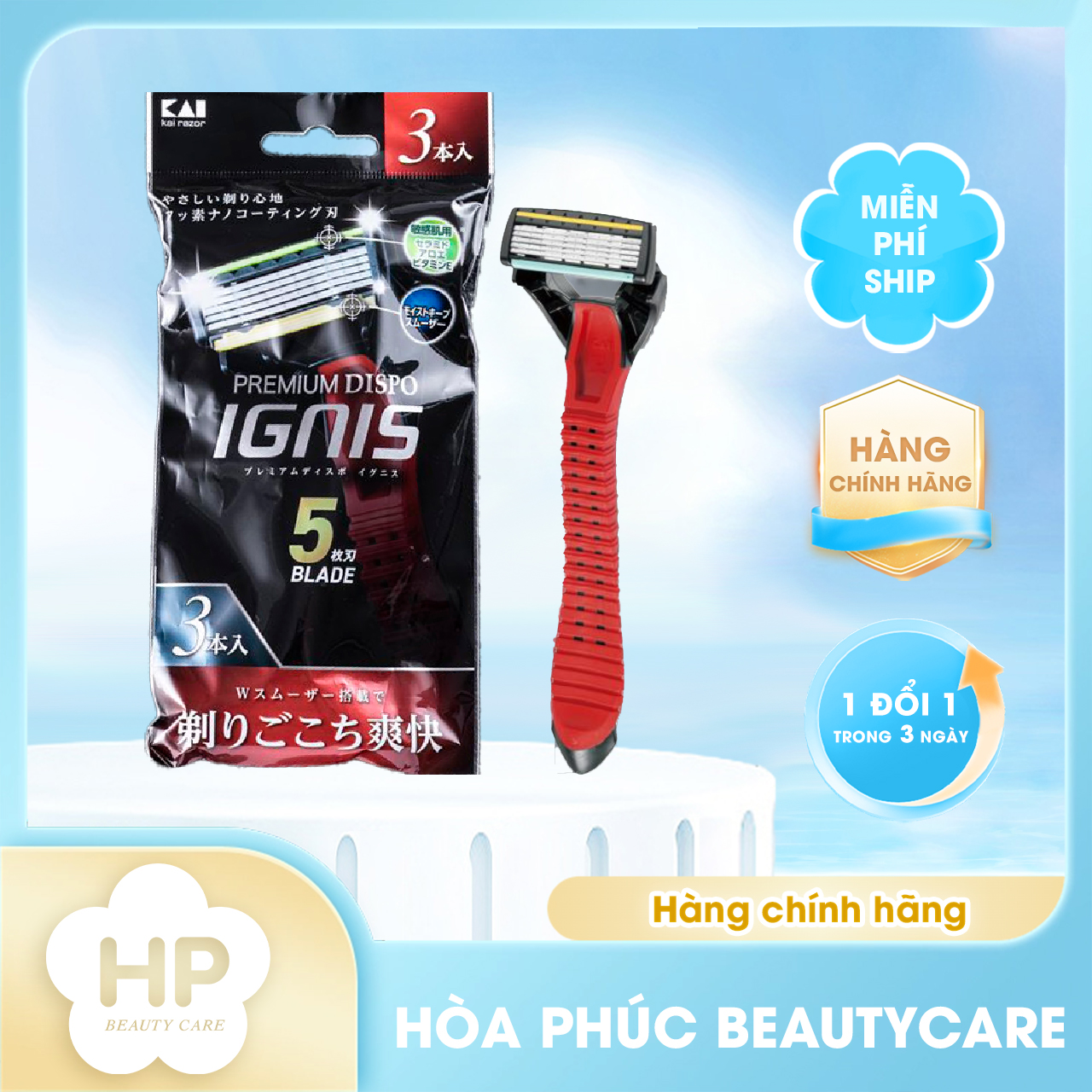 Dao Cạo Râu Thân Nhựa 5 Lưỡi Kép Kai Ignix Travel 0638-GA0017X4 Set 3 cây