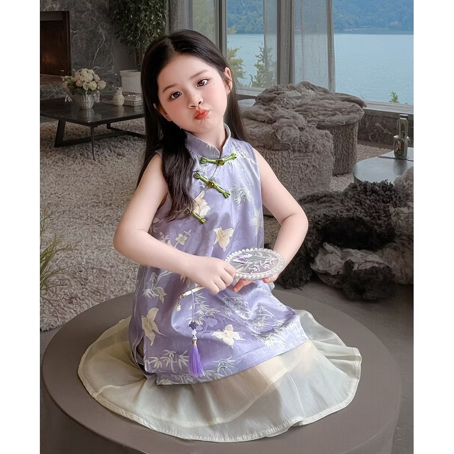 Váy Cách Tân Cổ Tàu Dáng Suông Họa Tiết Bướm Tím 1-8 Tuổi Dành Cho Bé Gái