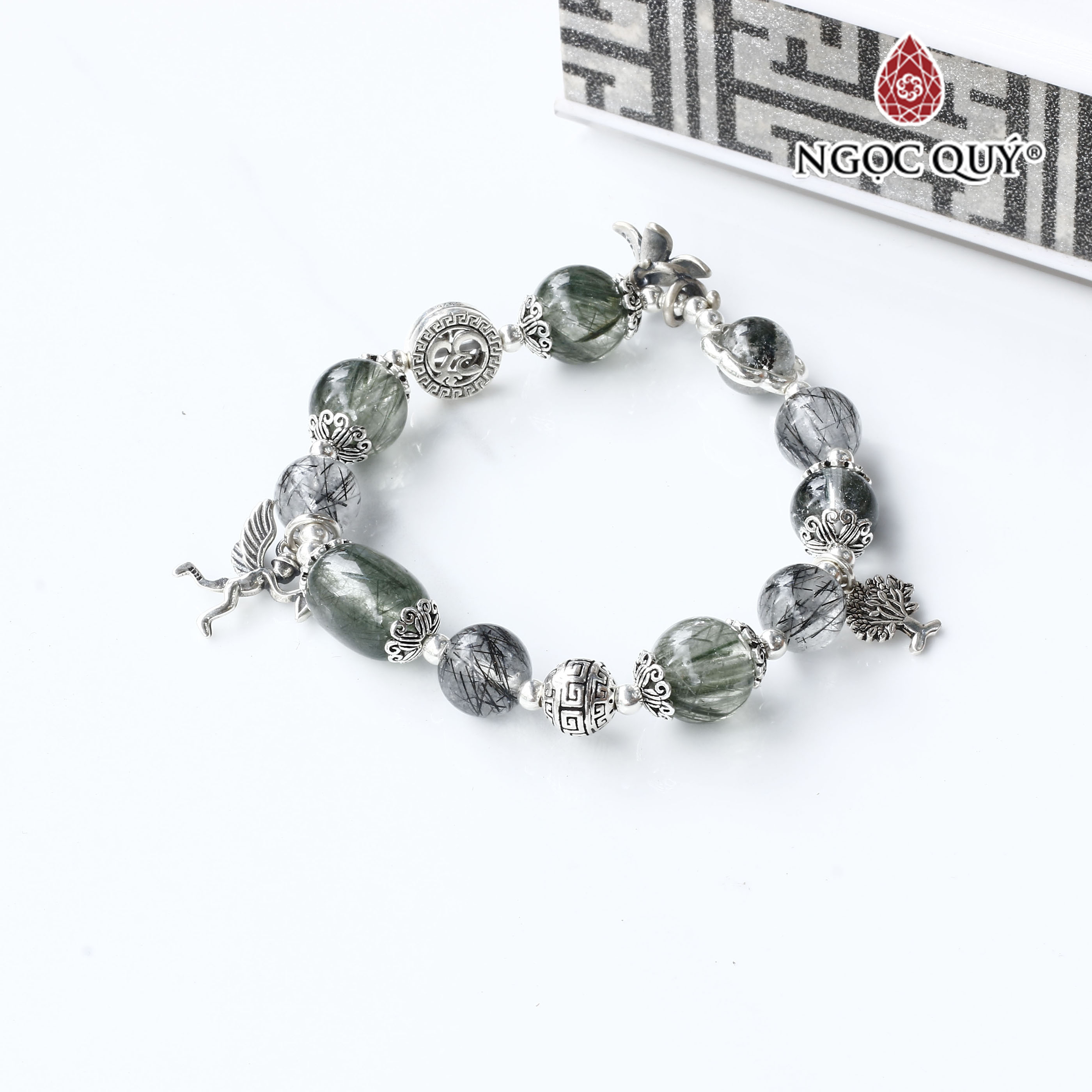 Vòng tay đá thạch anh tóc đen phối hạt hình lu thống tóc xanh charm bạc chữ OM - Ngọc Quý Gemstones