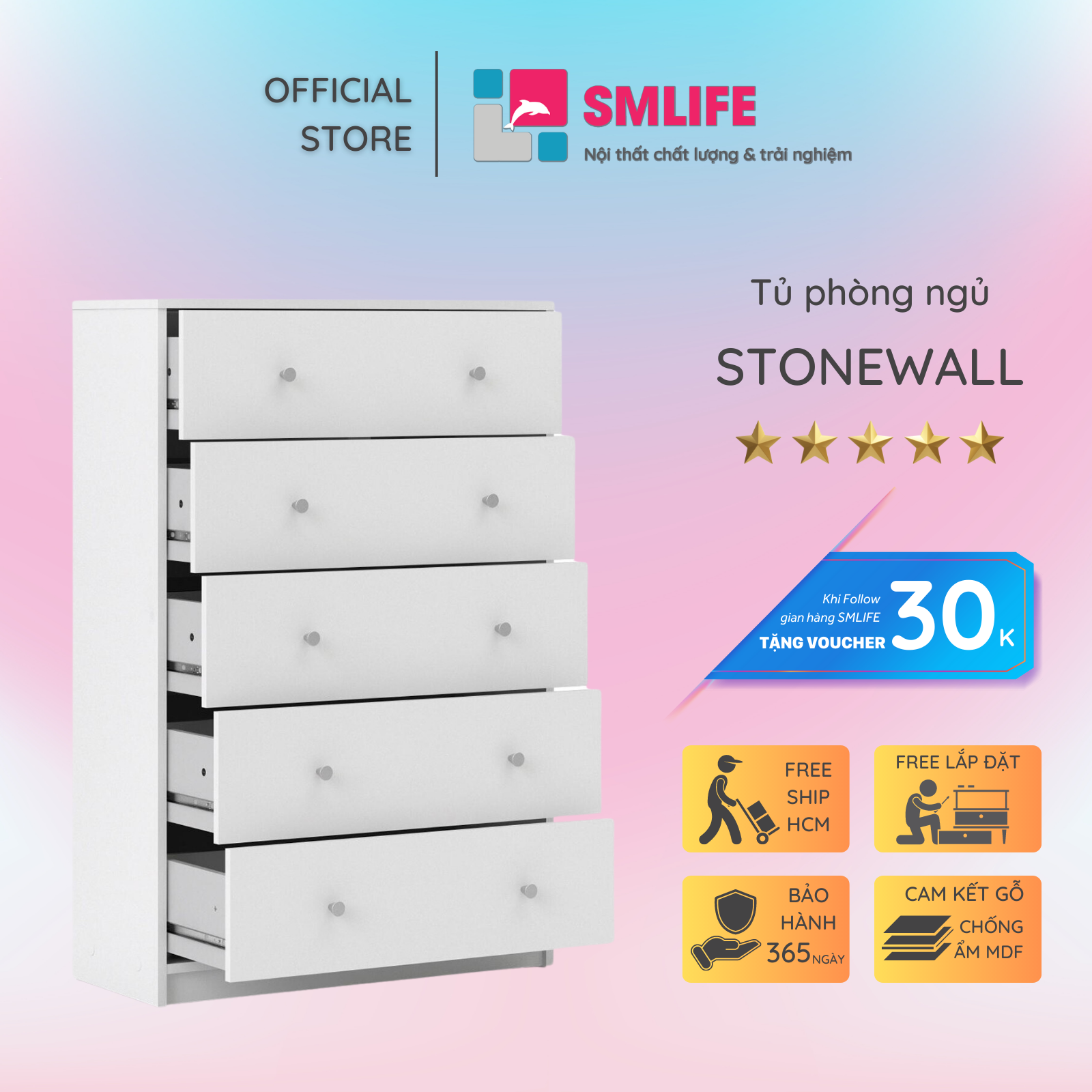 Tủ phòng ngủ gỗ hiện đại SMLIFE Stonewall | Gỗ MDF dày 17mm chống ẩm | D72xR30xC110cm