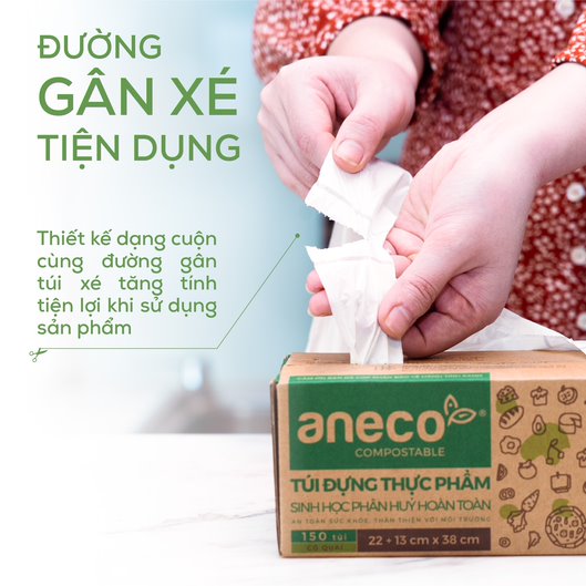 Hộp Túi Đựng Thực Phẩm Sinh Học ANECO - Phân hủy sinh học hoàn toàn - Không nhựa 100% (150 túi, có quai)