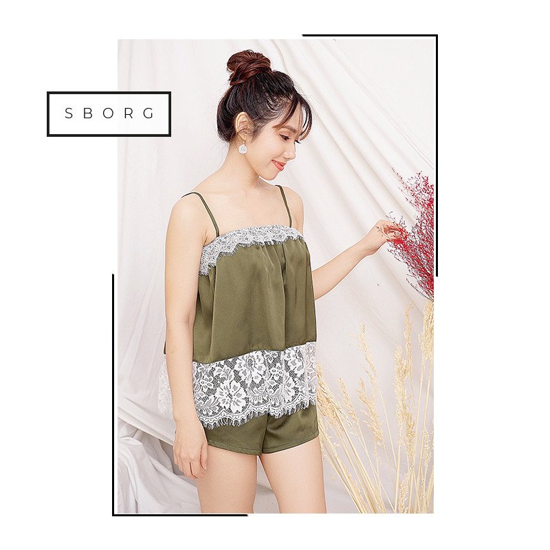 Đồ ngủ 2 dây SBORG bộ ngủ lụa satin cao cấp mềm mịn trơn mặc nhà áo viền ren cute quyến rũ quần đùi sexy freesize dưới 56kg quà tặng vợ, thoải mái thoáng mát kho mặc ngủ