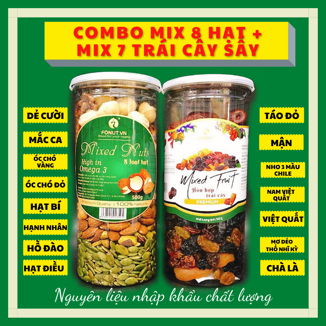 Combo 2 hũ mixed 7 trái cây sấy và mixed 8 hạt nhập khẩu Fonut (mỗi hũ 500g)