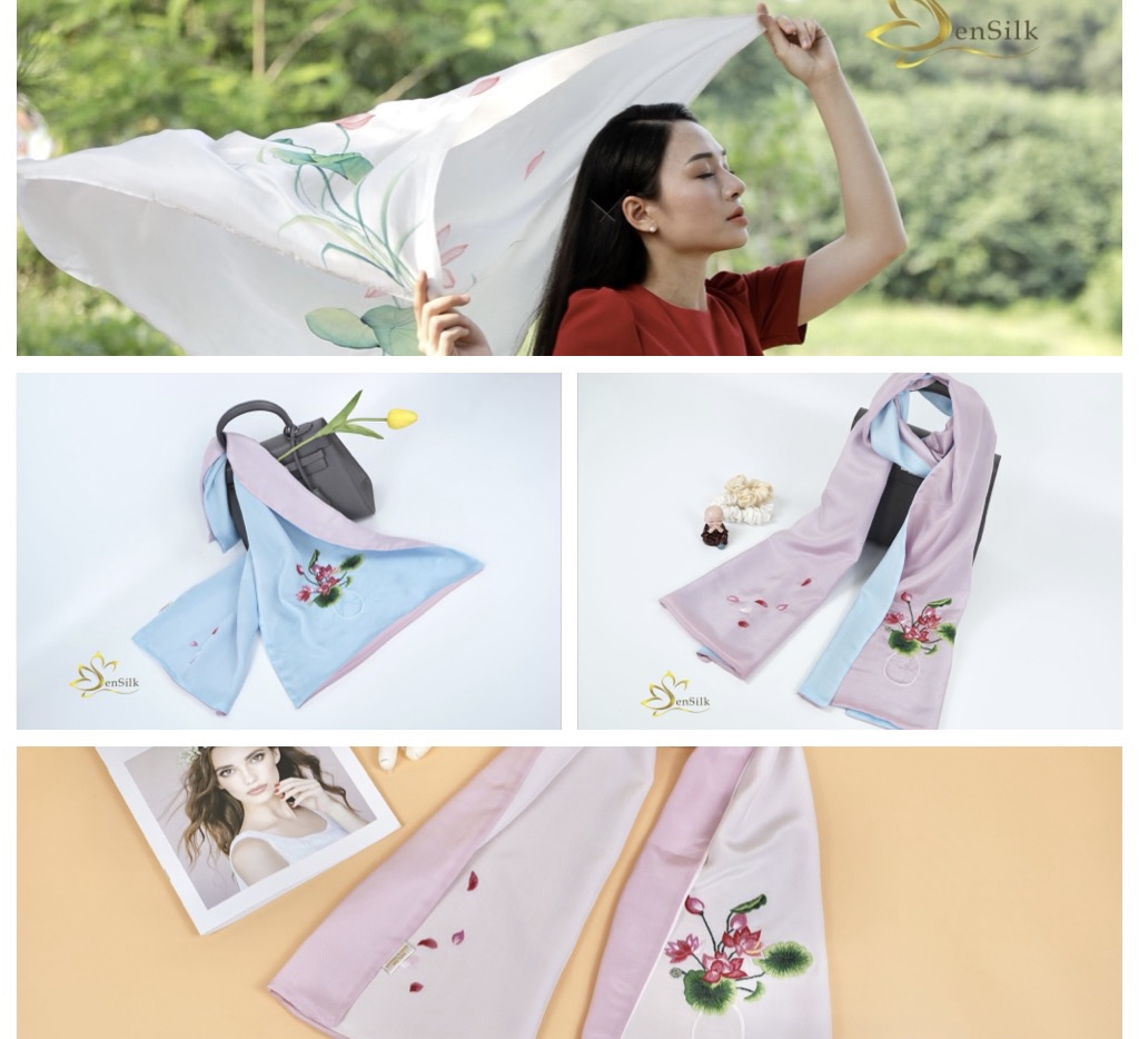 Khăn Thêu Tay Cao Cấp Hoa Sen 2 Màu 100% Lụa Tơ Tằm SenSilk, Silk Handmade Embroidery, Khăn Quàng Cổ Lụa