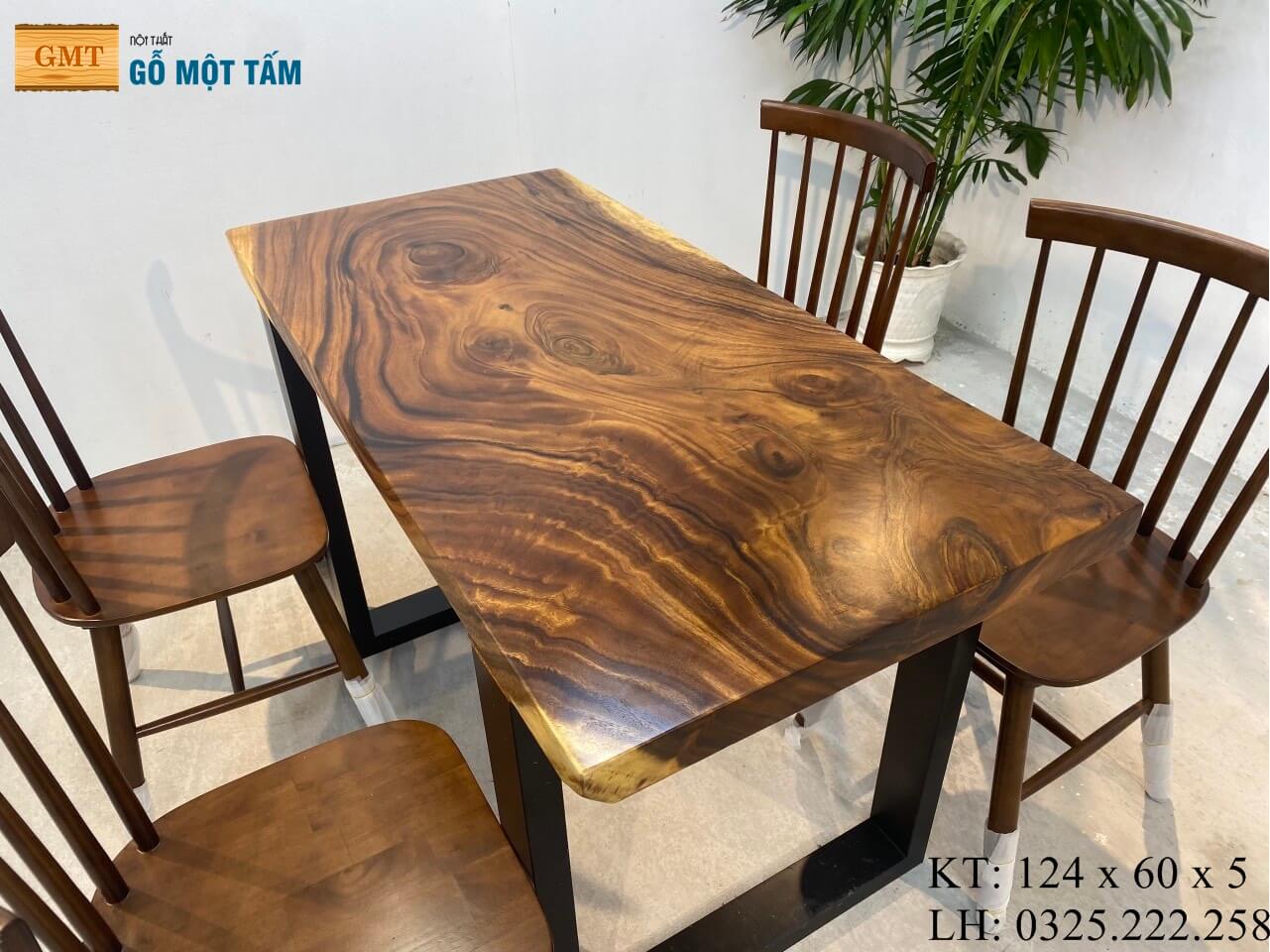 Bàn Ăn 4 Ghế Gỗ Tự Nhiên, Bàn Làm Việc Hiện Đại, Bàn Trà Gỗ Me Tây Dài 1,24m Rộng 60cm Dày 5cm