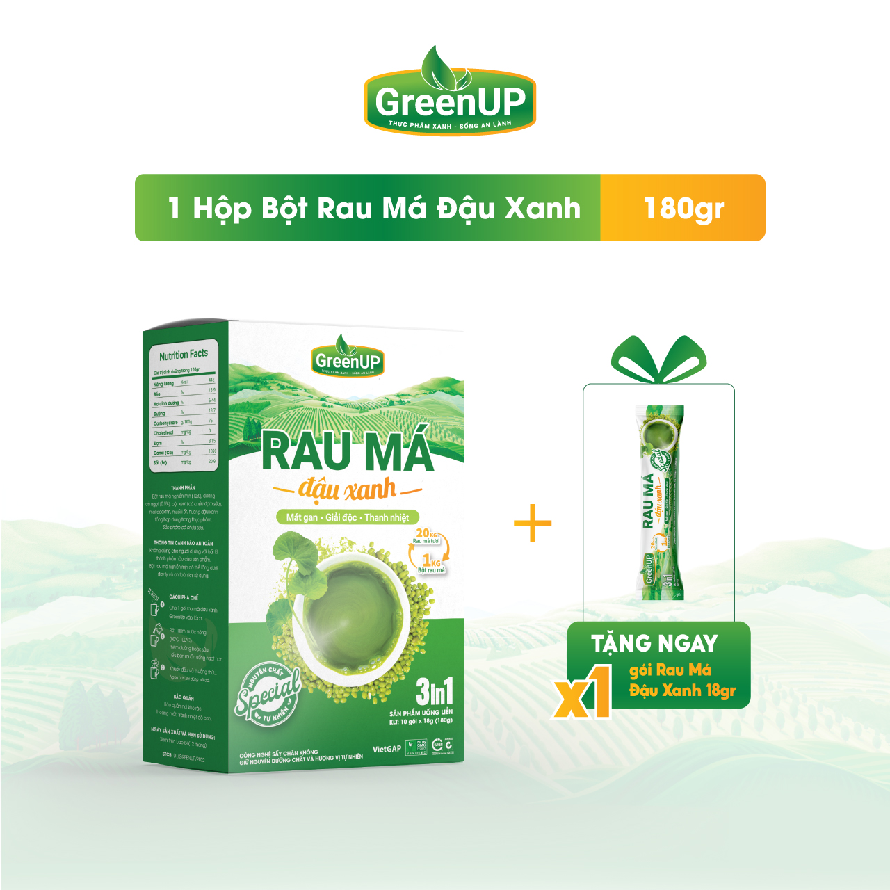 Bột Rau Má Đậu Xanh GreenUp - 1 Hộp 180g - (18g x10 gói) - Rau Má Tươi Tươi Nguyên Chất - RMDXH01