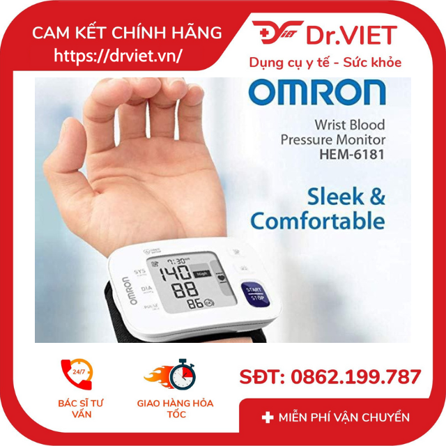 Máy đo huyết áp cổ tay Omron HEM-6181 Chính hãng ,đo huyết áp nhịp tim tự động và chính xác,cảnh báo huyết áp cao, phát hiện nhịp tim bất thường,tự động tìm vị trí đặt cổ tay đúng tư thế,thiết kế nhỏ gọn,bảo hành 5 năm