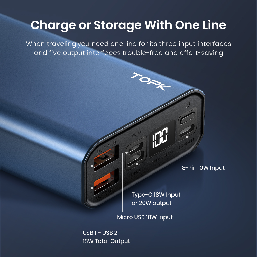 [HÀNG CHÍNH HÃNG] Sạc Dự Phòng TOPK I2006P PD 20W 20000MAh, Với Cáp Micro Usb Dành Cho iPhone Xiaomi Oppo