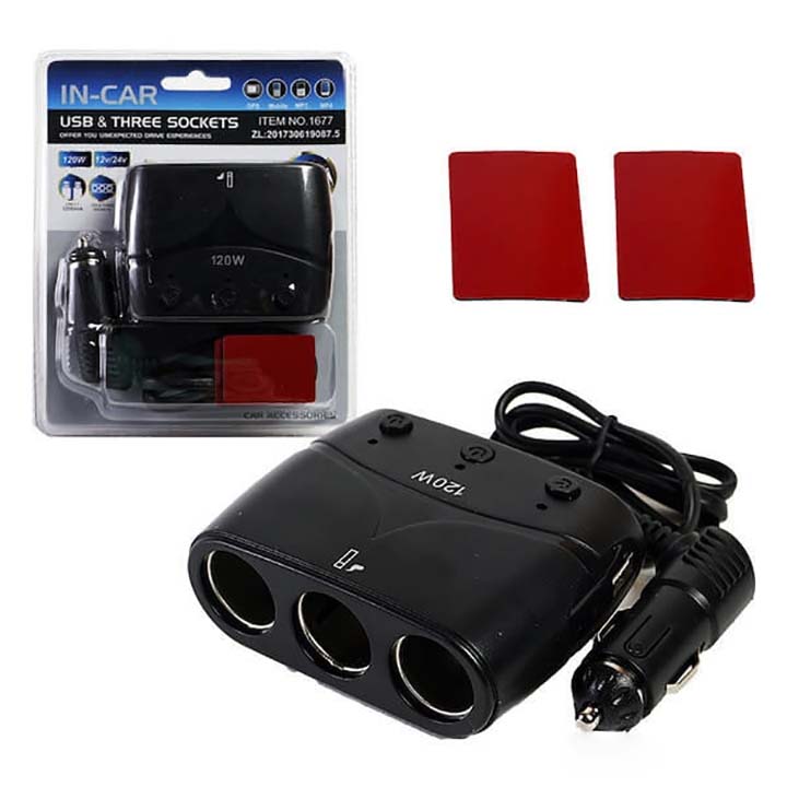 Bộ Chia Tẩu Sạc Dành Cho Xe Ô Tô 3 Cổng Tẩu & USB Model 1677 IN-CAR OLESSON
