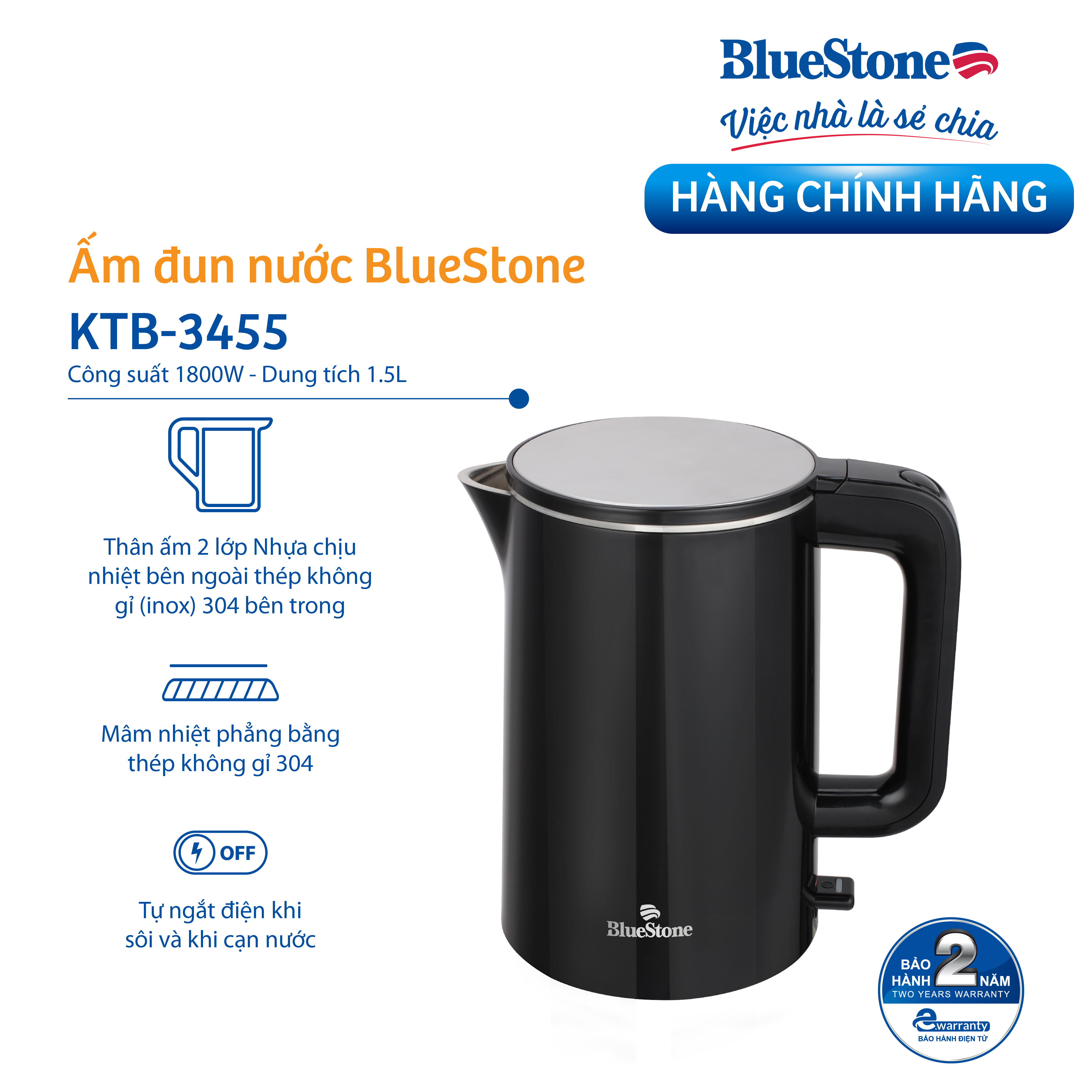Ấm Đun Siêu Tốc BlueStone KTB-3455 2 Lớp Siêu Bền ( 1.5L - 2200W) - Bảo Hành Điện Tử 2 Năm - Hàng Chính Hãng