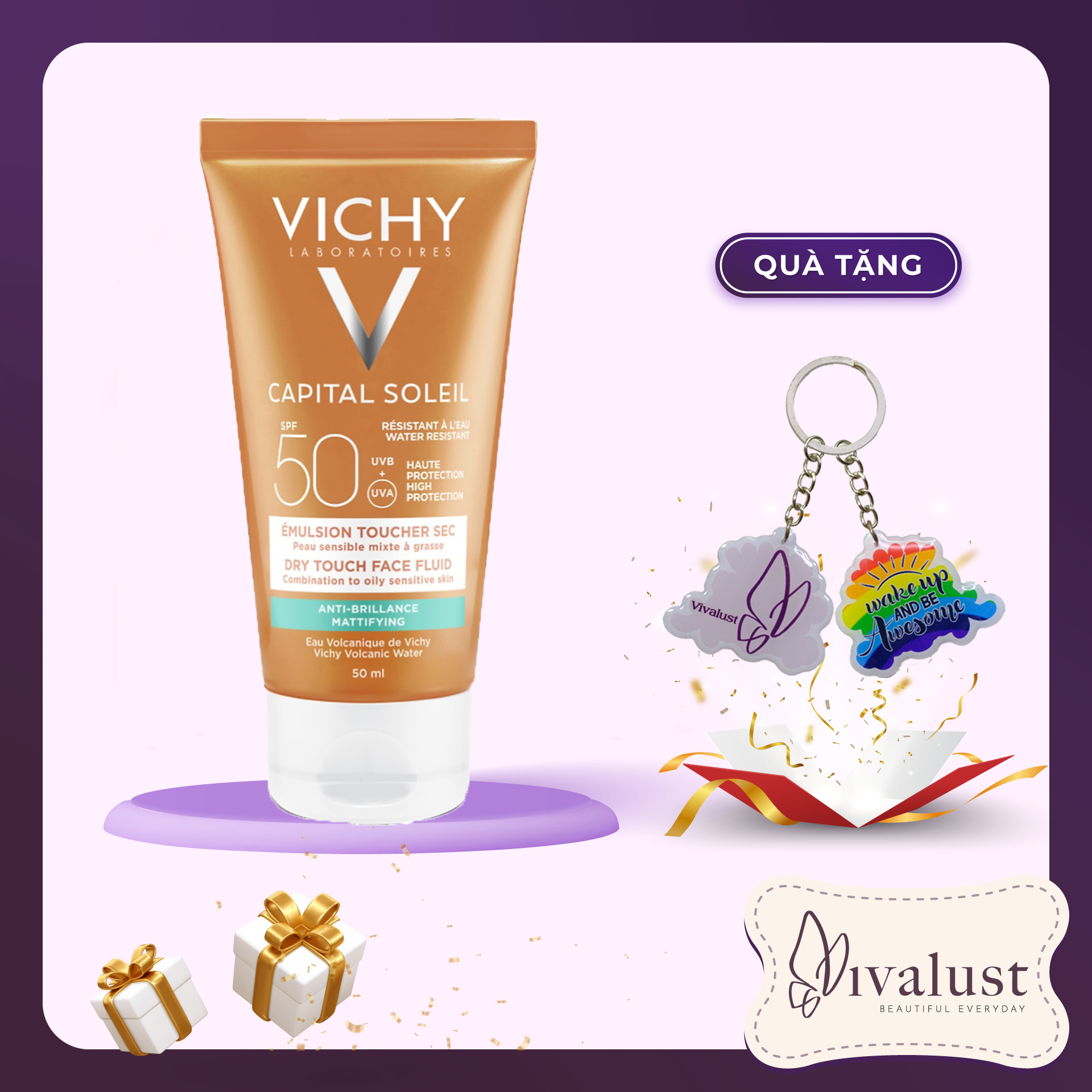 Kem Chống Nắng Không Gây Nhờn Rít VICHY Ideal Soleil Dry Touch (50ml) - TẶNG MÓC KHÓA