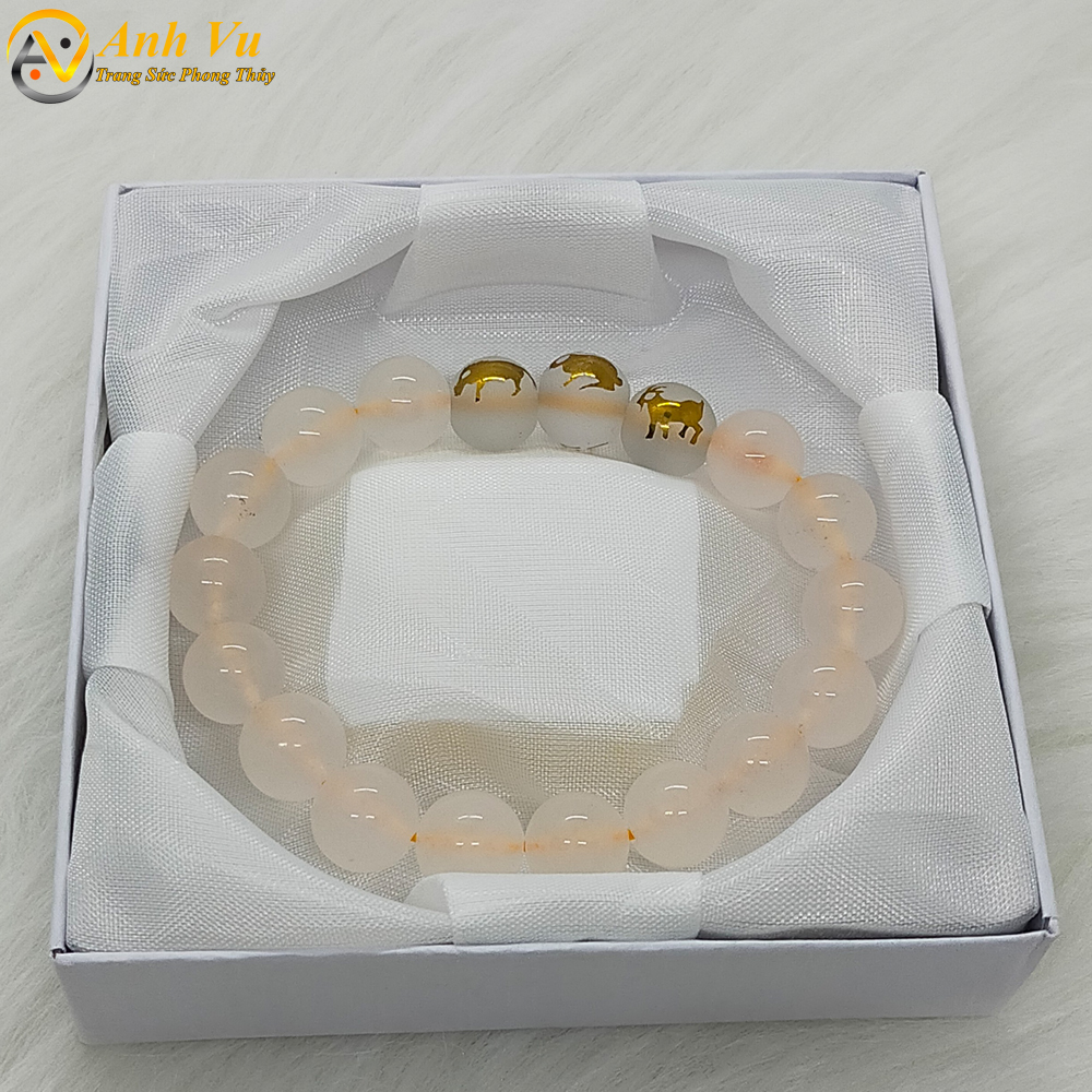 Vòng tay mã não trắng tam hợp hợi mão mùi - size 8 10ly cho nữ mệnh thủy, mệnh kim - có khai quang điểm nhãn may mắn tài lộc - bảo hành 12 tháng - PHONG THỦY ANH VŨ
