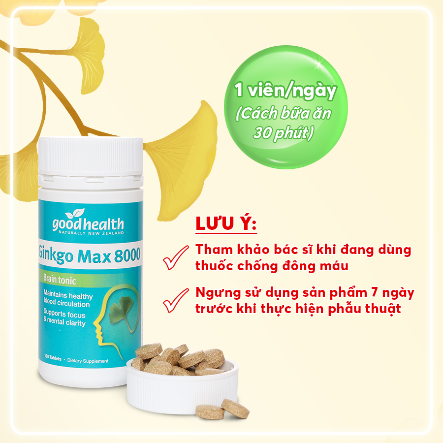Viên uống bổ não Goodhealth Ginkgo Max 8000 hộp 120 viên- Cải thiện chức năng tuần hoàn não bộ
