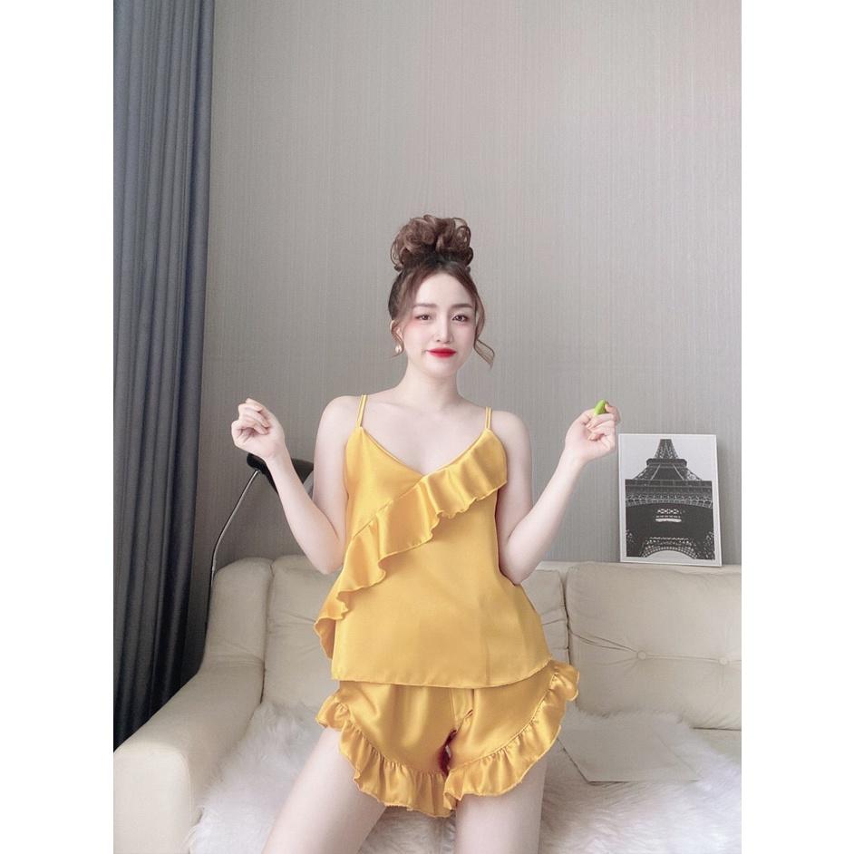 Sét đồ ngủ 2 dây quần đùi bèo chéo tà lụa satin dễ thương, đồ bộ cao cấp