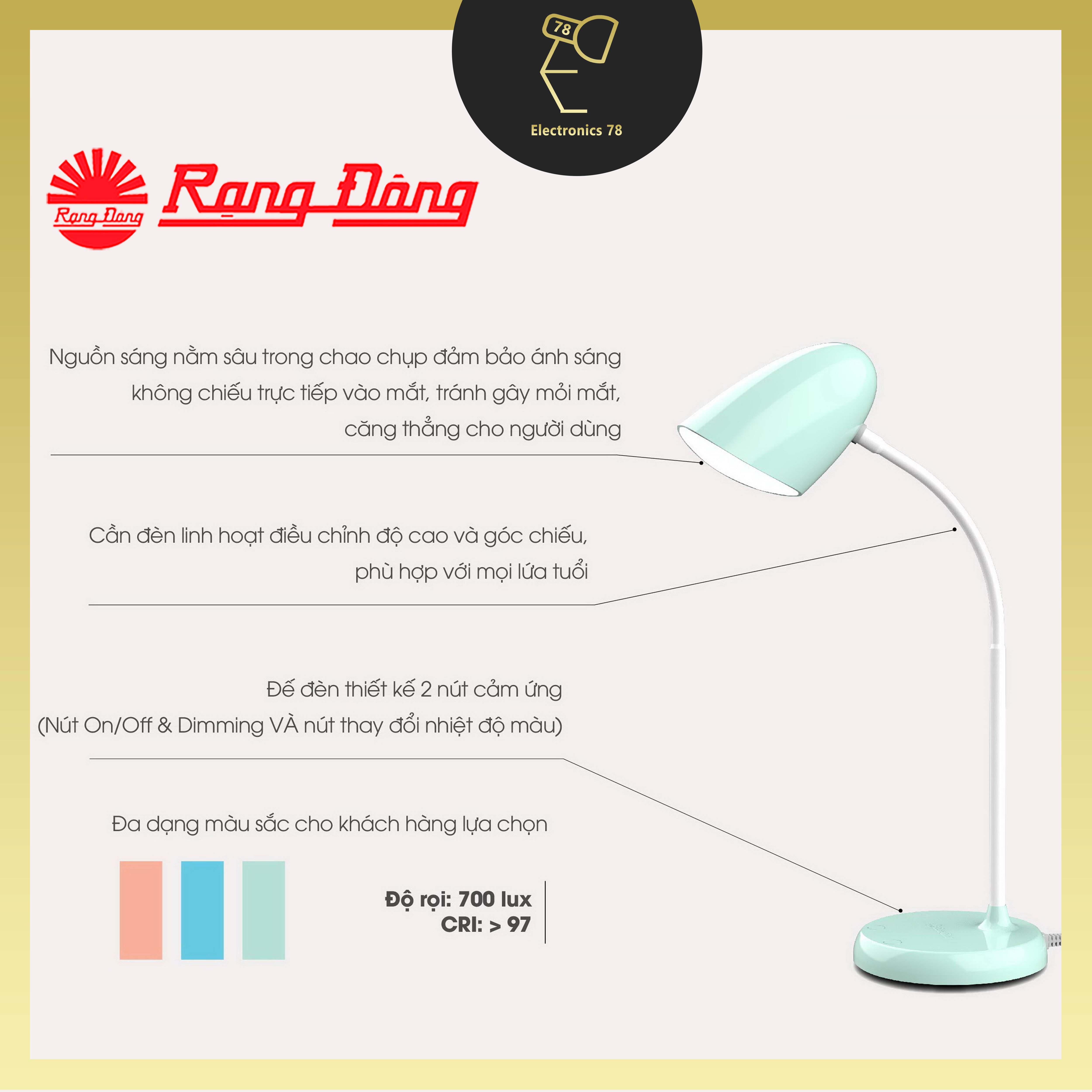 Đèn bàn Led cảm ứng ánh sáng đổi màu Rạng Đông (RD_RL_38 Plus)
