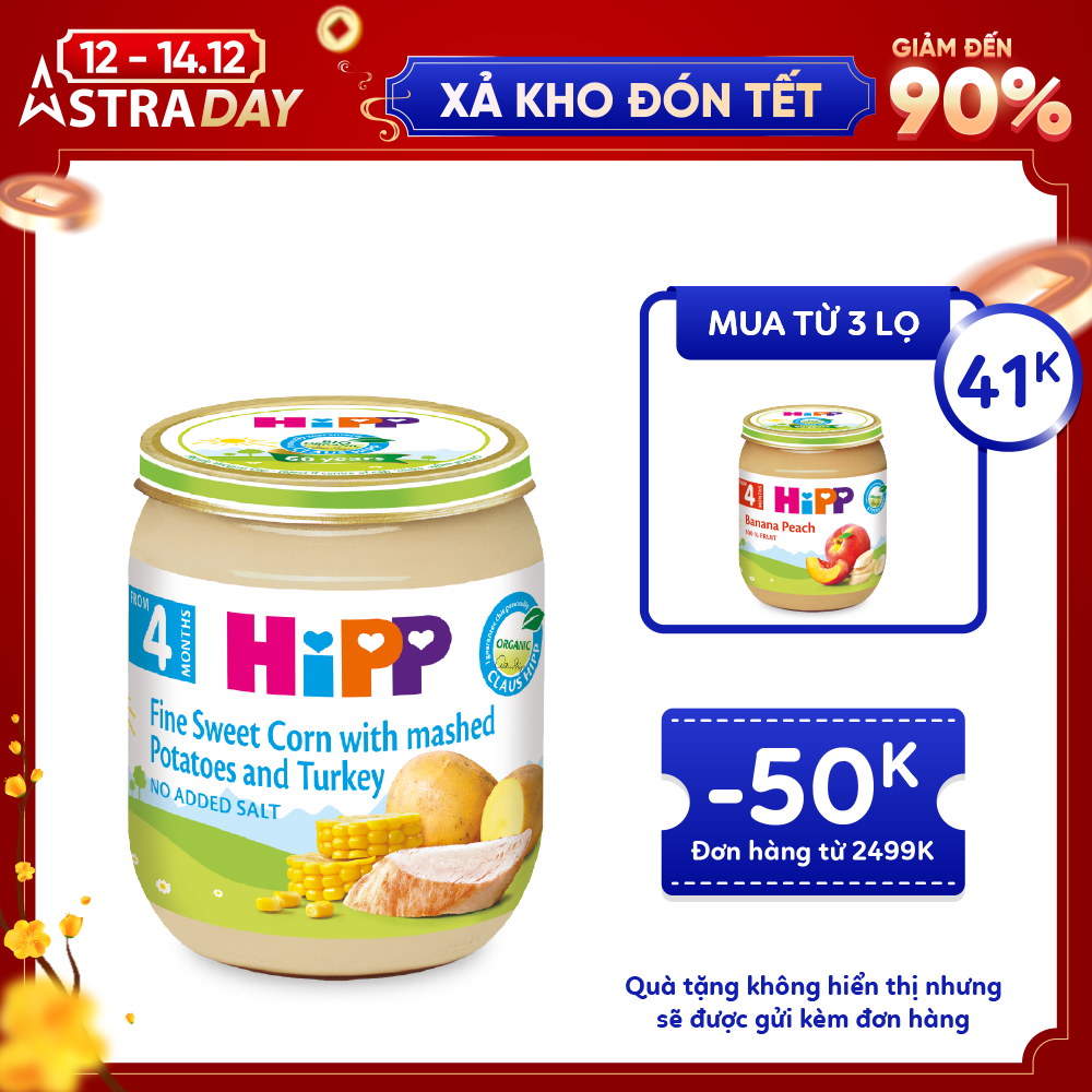 Dinh dưỡng đóng lọ ăn dặm Ngô bao tử, khoai tây, gà tây HiPP Organic 125g