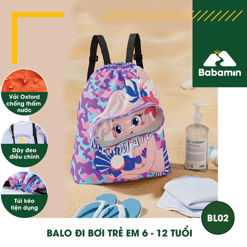 Balo Đi Bơi Trẻ Em 6 - 12 Tuổi Chống Thấm Nước, Babamin - Họa Tiết Hoạt Hình Dễ Thương - BL02