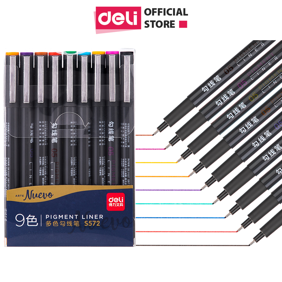 Bút Đi Nét Deli - Ngòi Bọc Kim Loại 0.5Mm - Màu Gốc Nước - 9 Màu 9 Chiếc/Hộp - 1 Hộp - S572