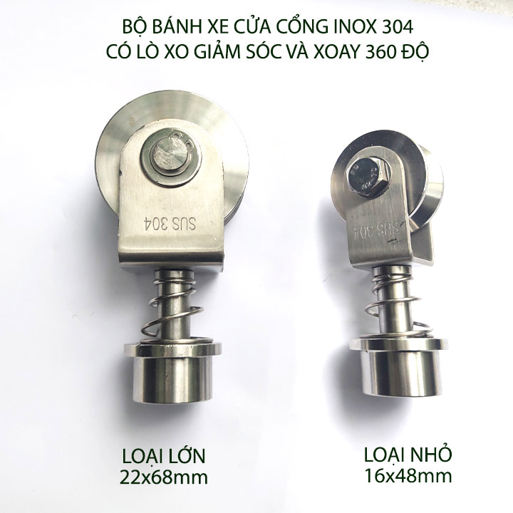 Bộ bánh xe cho cửa cổng trượt-lùa kiêm xoay 360 độ, làm bằng inox 304 có lò xo giảm chấn, Kích thước 16-22mm tùy chọn