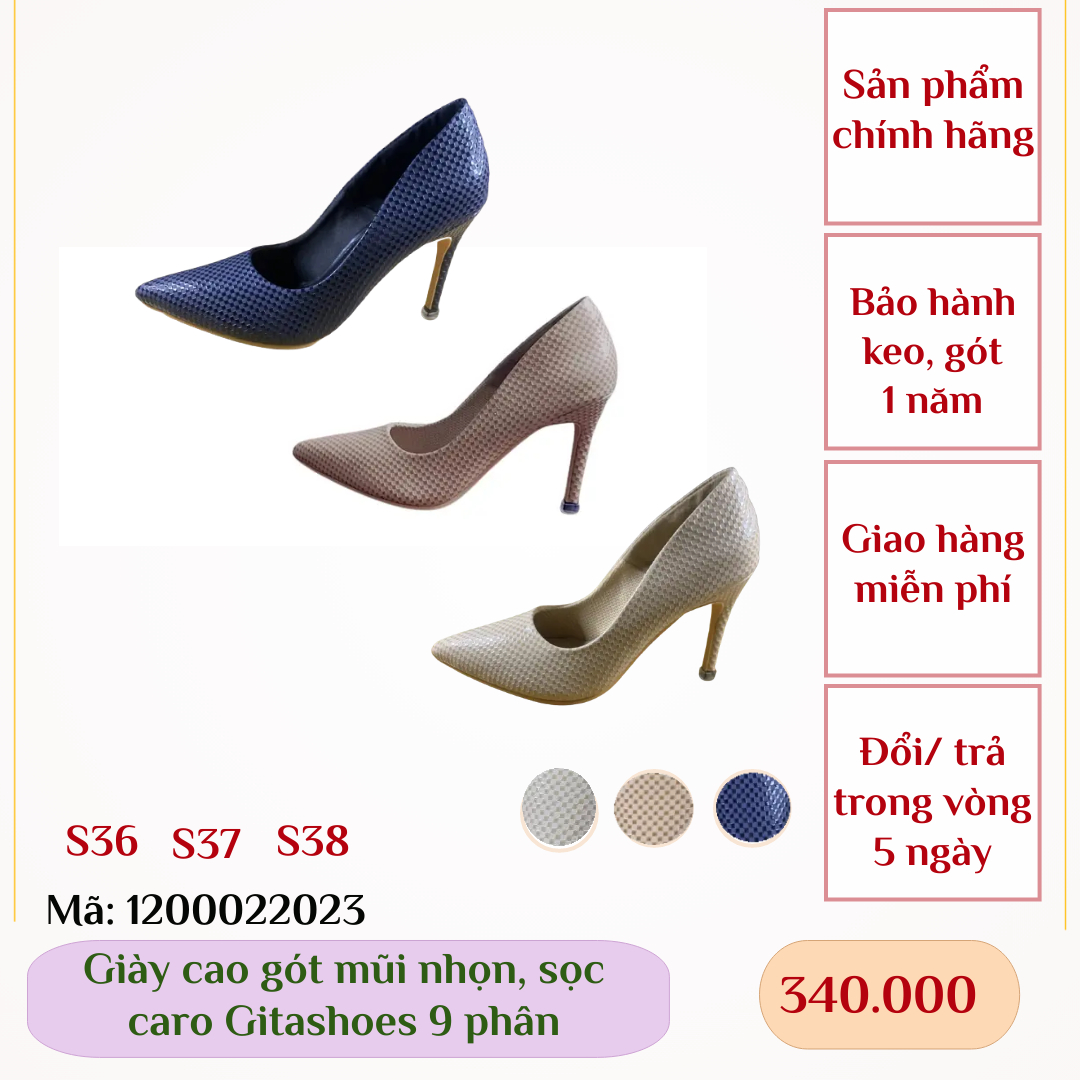 Giày cao gót gitashoes mũi nhọn, hình sọc caro, cao 9 phân - 1200022023