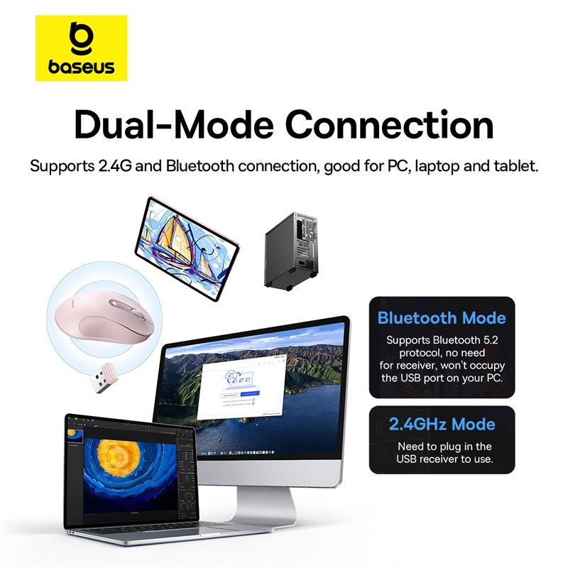 Chuột không dây Baseus F02 Bluetooth 5.2 /2.4G 4000DPI Ergonomic 6 nút cho iPad MacBook Tablet Laptop Máy tính- Hàng chính hãng