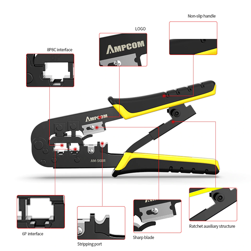 Kìm Bấm Dây Mạng Đa Năng ( RJ45 + RJ11 ) AMPCOM AM-568R, Kèm tool tuốt dây và lưỡi dao - Hàng chính hãng