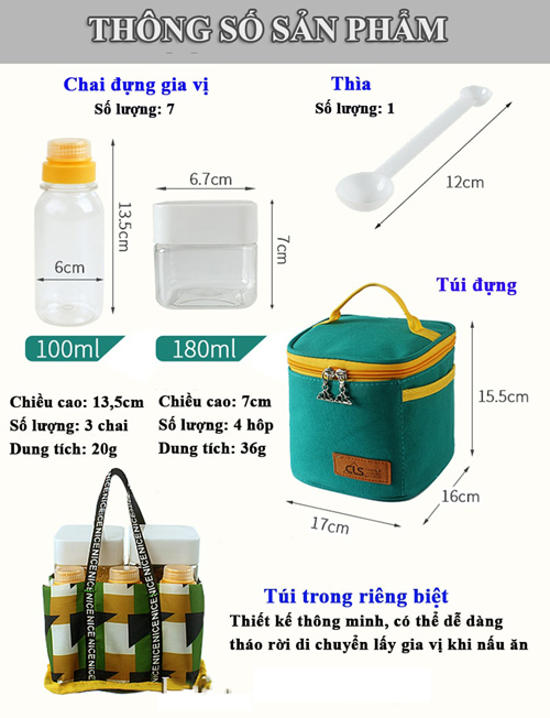 Set lọ đựng gia vị nhà bếp 7 món tặng kèm túi đựng đa năng