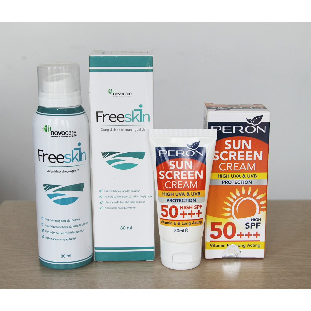 Bộ Sản Phẩm - Chống Nắng &amp; hỗ trợ điều trị Mụn Toàn Thân - Peron Sun Cream &amp; FreeSkin