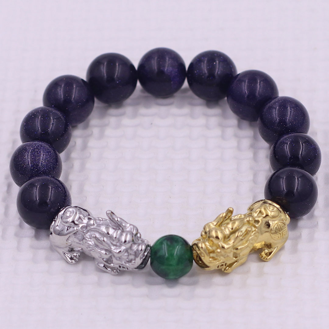 Vòng chuỗi đeo tay đá lam sa 12 ly charm tỳ hưu đôi inox trắng và vàng, vòng chuỗi phong thủy, charm tỳ hưu, vòng tay hạt chuỗi