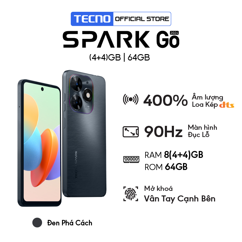 Điện thoại Tecno SPARK GO 2024 (4+4)GB/64GB - Unisoc T606 | 5000 mAh | 6,6&quot; HD+ | Hàng Chính Hãng