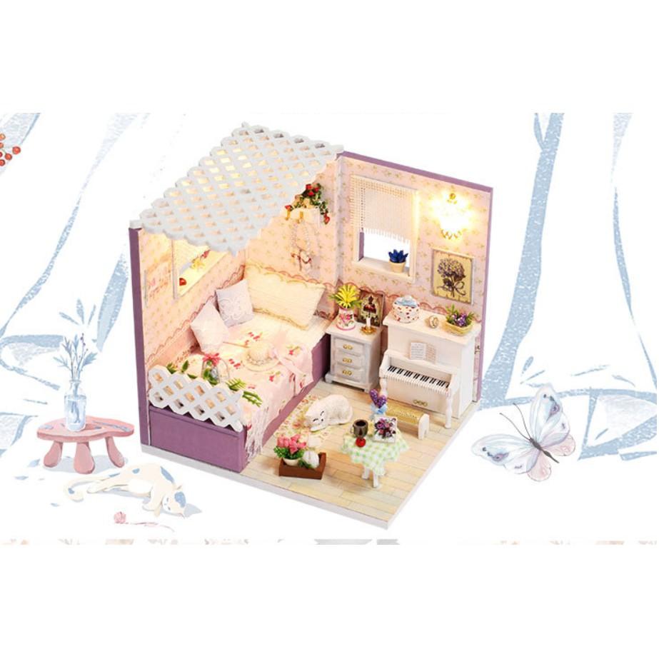 Nhà gỗ búp bê DIY - Góc phòng ngủ của cô nàng lãng mạn với mèo trắng và piano trắng tinh khôi-Love in Budapest