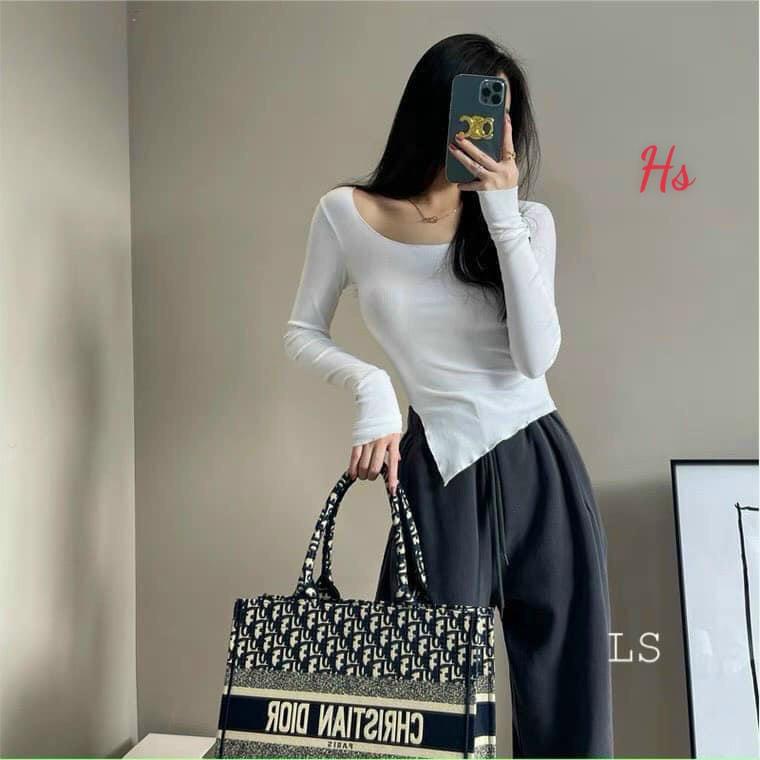 Áo Body Nữ Dài Tay Xẻ Tà, Áo Thun Nữ Cổ Bèo Vạt Lệch