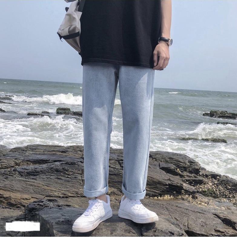 Quần jean baggy nam trơn xanh ống suông rộng mã TR01 style hàn quốc