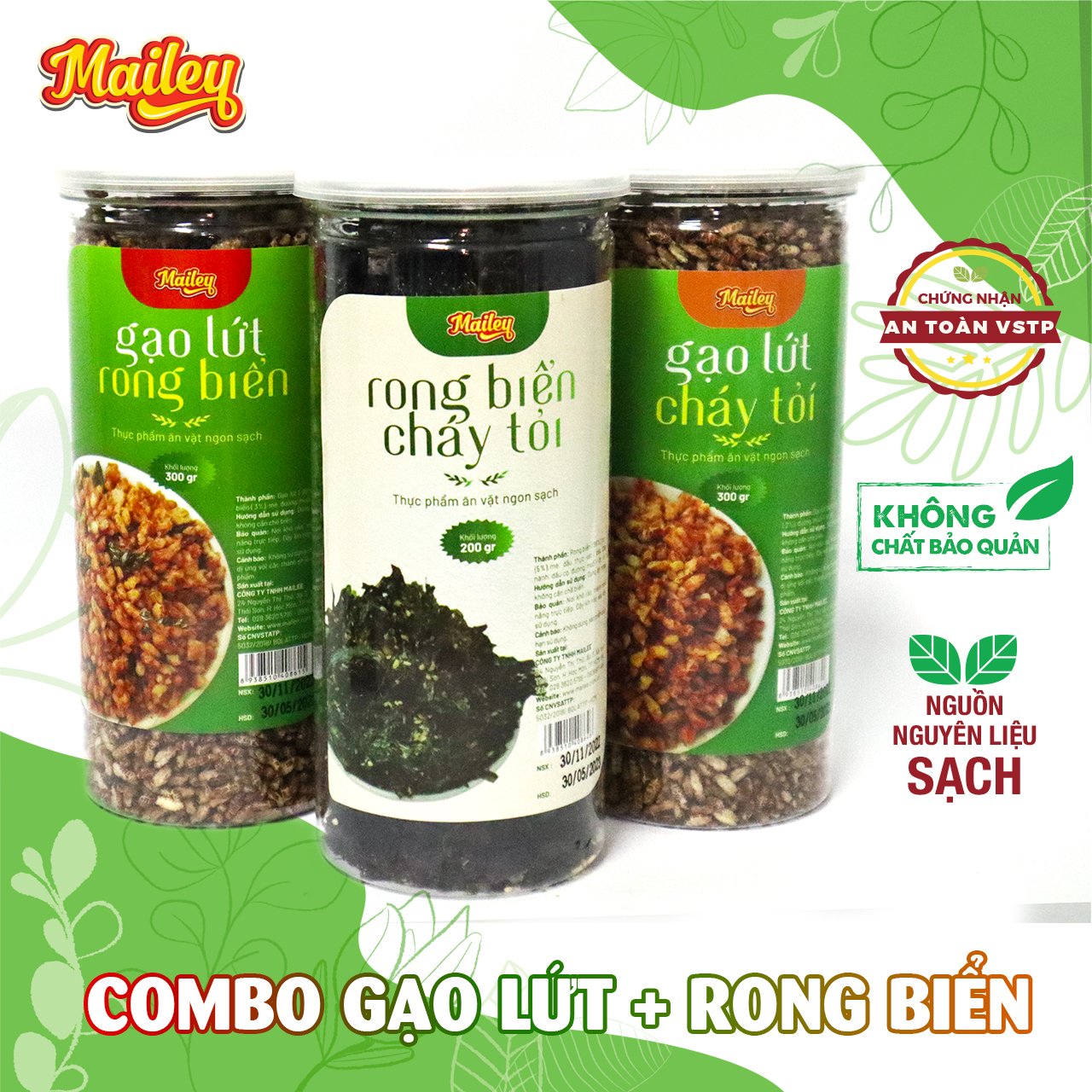 Combo ăn vặt Rong biển cháy tỏi 200g, cốm gạo lứt cháy tỏi 300g và cốm gạo lứt rong biển 300g ăn liền Mailey