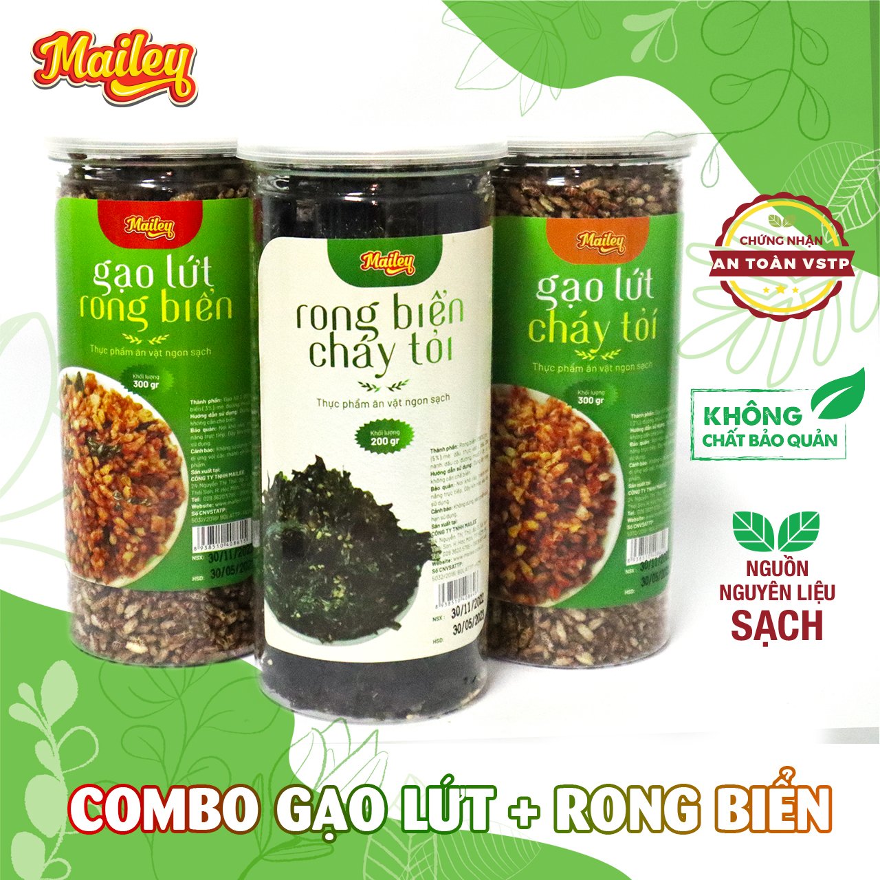 Combo ăn vặt Rong biển cháy tỏi 200g, cốm gạo lứt cháy tỏi 300g và cốm gạo lứt rong biển 300g ăn liền Mailey