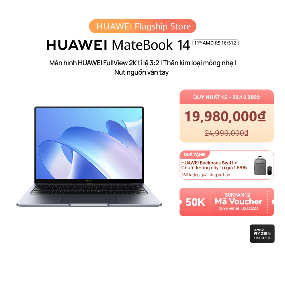 Laptop HUAWEI MateBook 14 | RAM 16GB/ROM 512GB | Chip AMD Ryzen 5000 | Màn Hình HUAWEI 3:2 Fullview 2K | Nút Nguồn Vân Tay | Hàng Chính Hãng