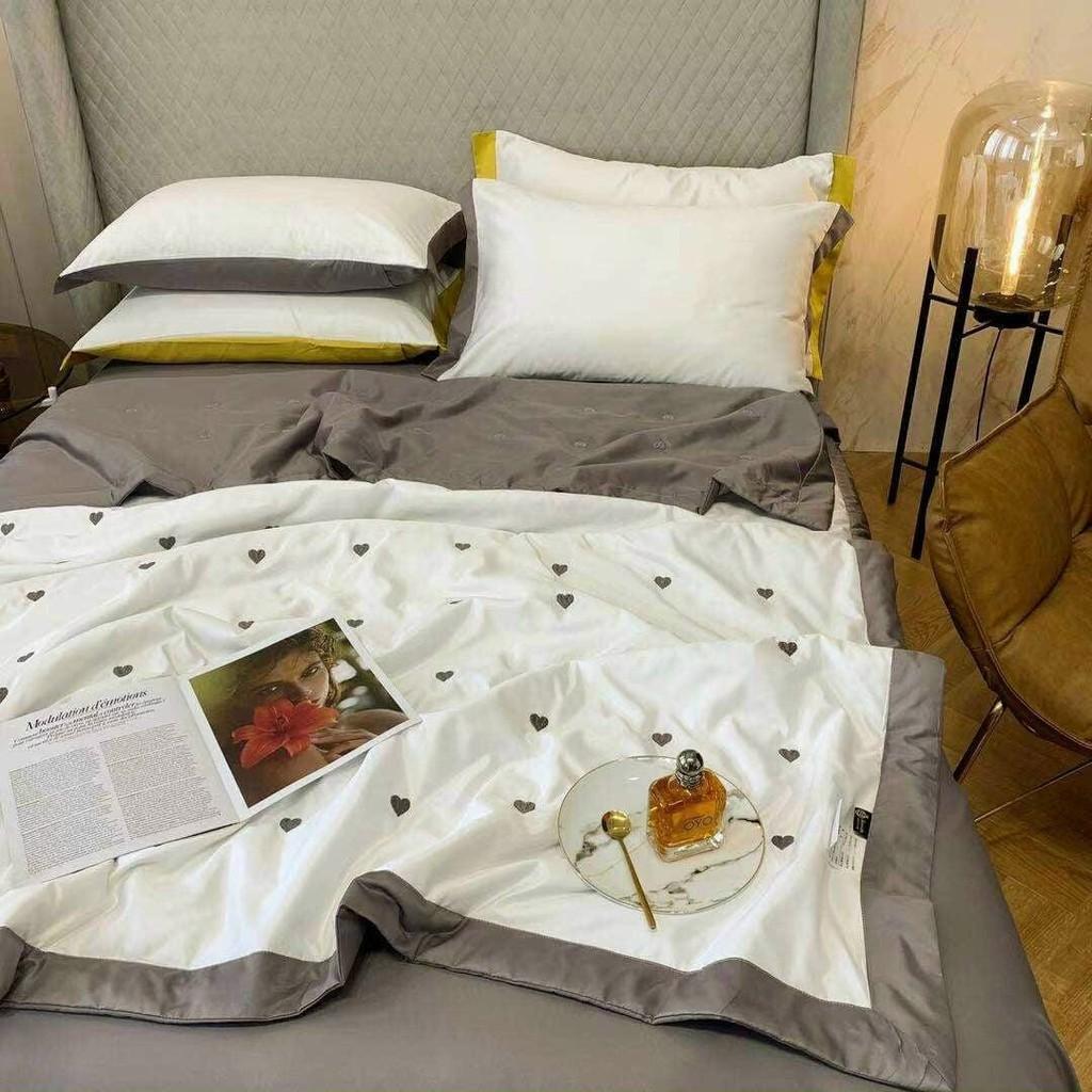 Set chăn ga lụa hoạt tính thêu tim mẫu mới, chăn chần bông SÉT 4 MÓN