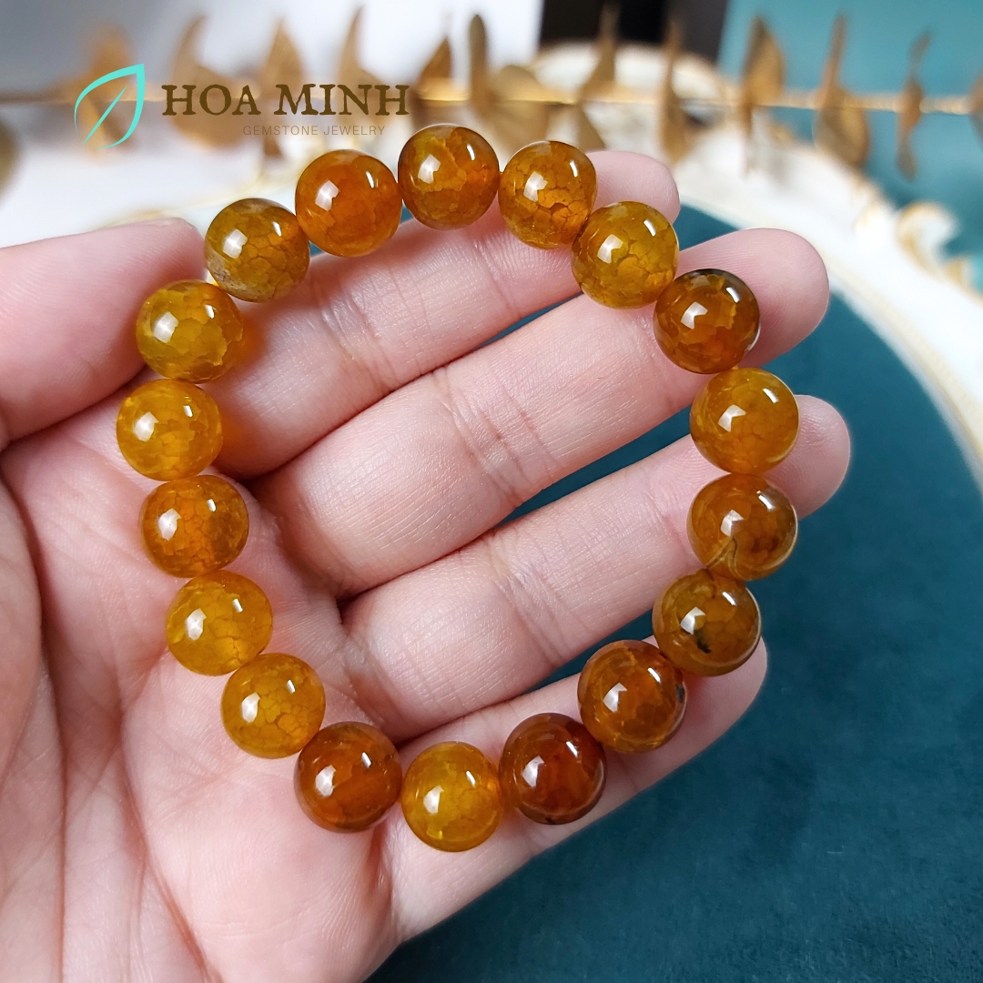 Vòng tay phong thủy đá Mã Não vân rồng vàng mật ong size hạt 10 li