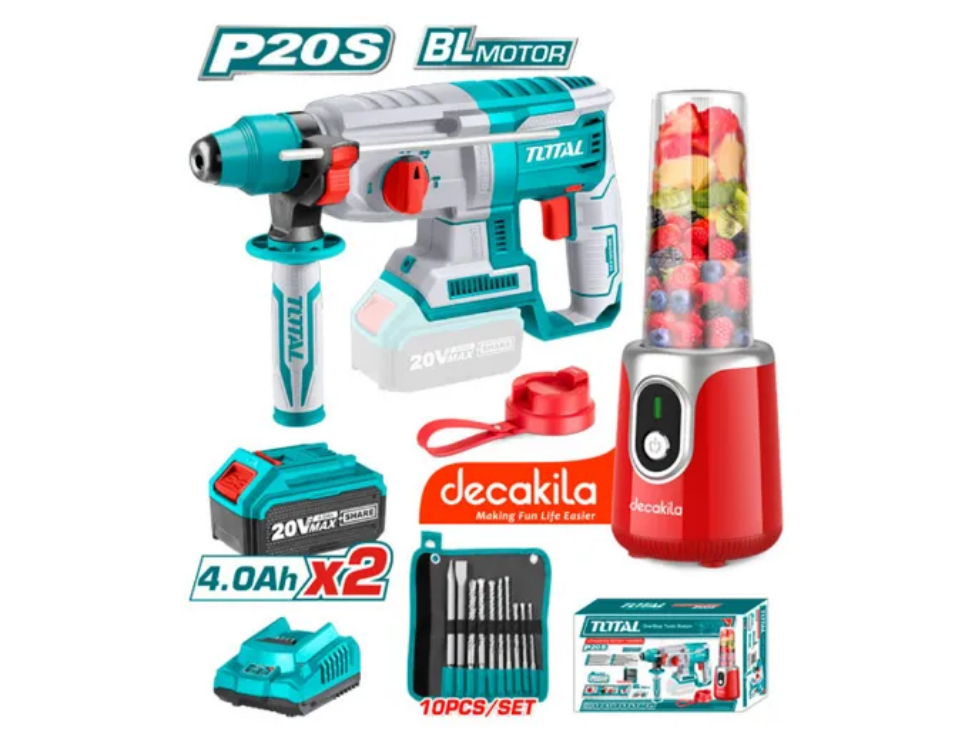 BỘ COMBO MÁY XAY SINH TỐ KMJB022R DÙNG PIN, MÁY KHOAN ĐỘNG LỰC TRHLI202287 PIN 20V VÀ BỘ 8 MŨI KHOAN BÊ TÔNG TACSD19101 TOTAL TOSLI23061 - HÀNG CHÍNH HÃNG