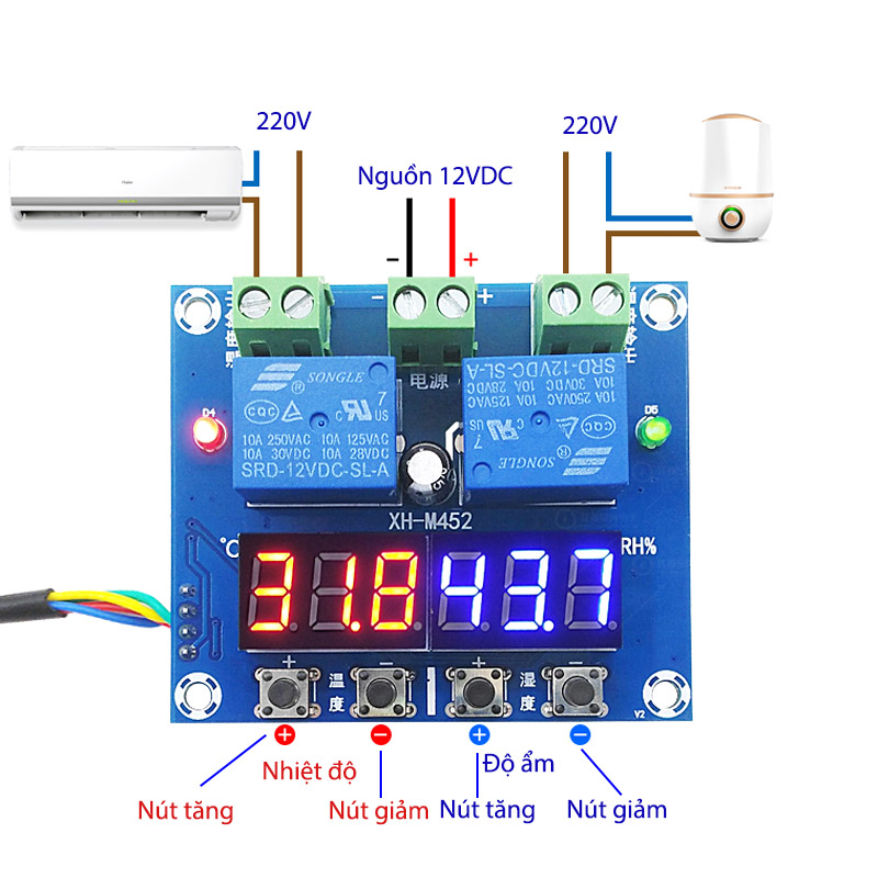 Công tắc cảm biến độ ẩm và nhiệt độ 2 trong 1 với đầu cảm biến rời