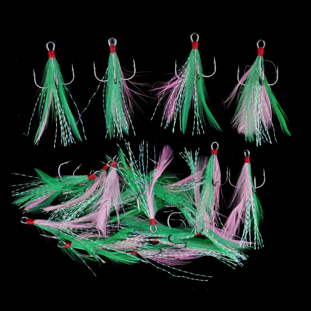 20pcs Feather Fishing Hooks Treble Barbed Squid Fly Tying Lures Baits