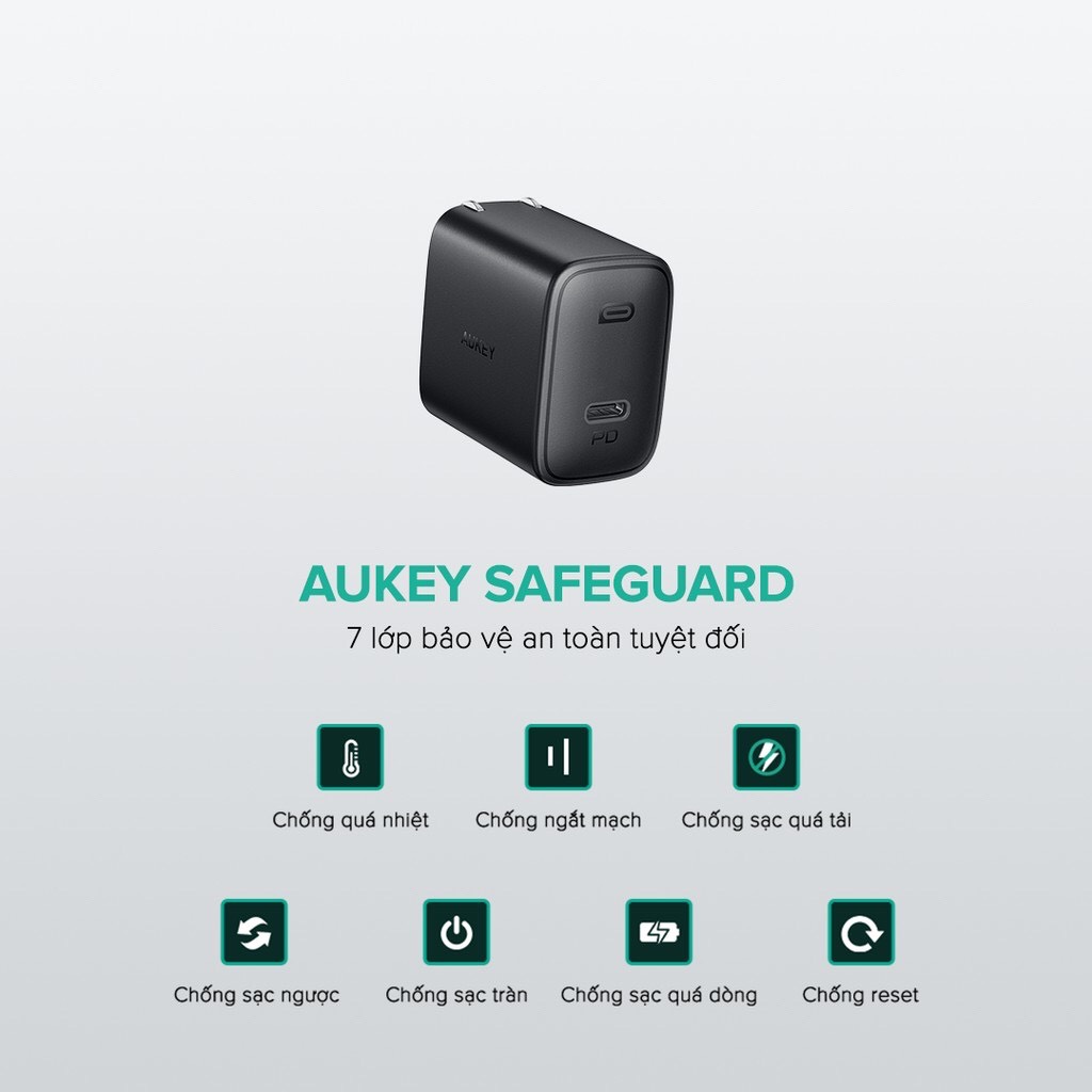 Combo Sạc Nhanh Siêu Nhỏ Aukey PA-F1S Power Delivery 20W - Cáp Sạc Nhanh USB-C to Lightning Aukey CB-CL2 2M - Hàng Chính Hãng