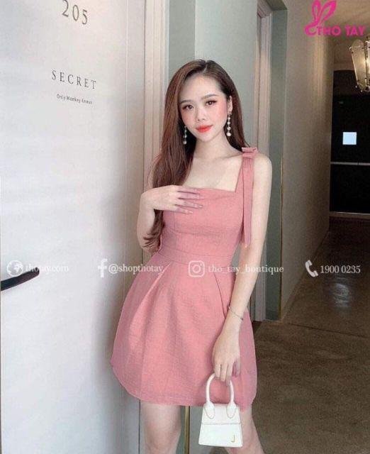 Đầm xòe 2 dây nơ vai kèm mút siêu HOT