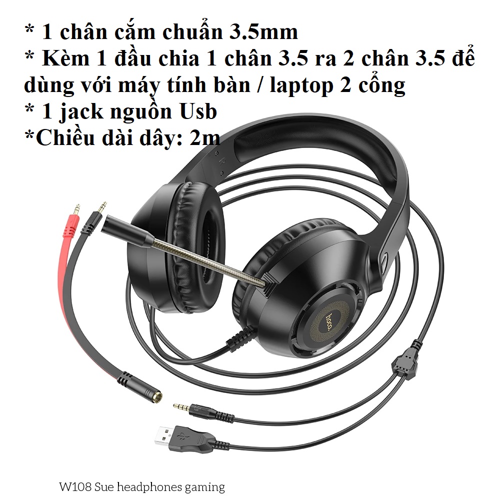 Tai nghe chụp tai gaming 1 chân 3.5mm đèn LED cho điện thoại laptop hoco W108 _ Hàng chính hãng