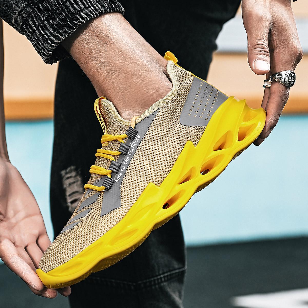 Giày chạy bộ chuyên nghiệp cho nam Giày thể thao lưới thiết kế nhẹ cho nam Giày thể thao ngoài trời cho nam Giày tennis buộc dây Color: yellow 1102 Shoe Size: 46