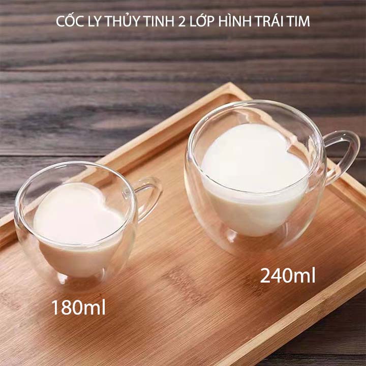Cốc thủy tinh 2 lớp hình trái tim, dùng uống cà phê, trà, sữa, loại 180ml-240ml tùy chọn