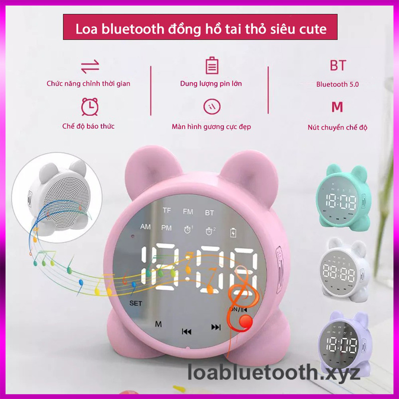 Loa bluetooth mini P1 giá rẻ tai thỏ dễ thương, bass mạnh, led hiển thị giờ kèm đồng hồ báo thức, âm thanh vòm 9D, pin 8 giờ